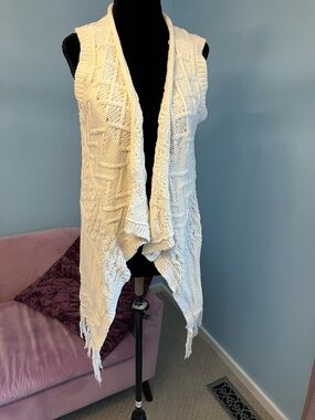 Sonoma Cream Open-Front Knit Fringe Vest